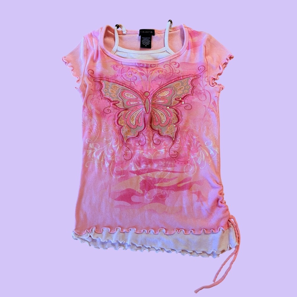 Y2K F.A.N.G. Pink Butterfly Graphic Baby Tee Lettuce Edge Cinch Side Top #18